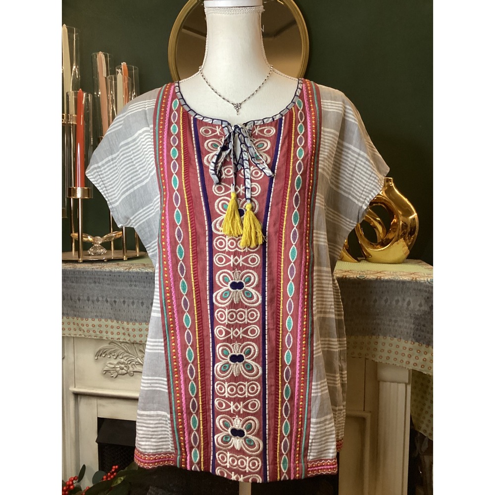 THML Embroidered Boho Top Grey White Striped‎ Tassel Tie Blouse FTM608 Womens M